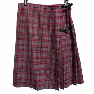 Laura Ashley 100% Wool Plaid Skirt Red Gray Size US 6 Kilt Wrap Frayed Edges